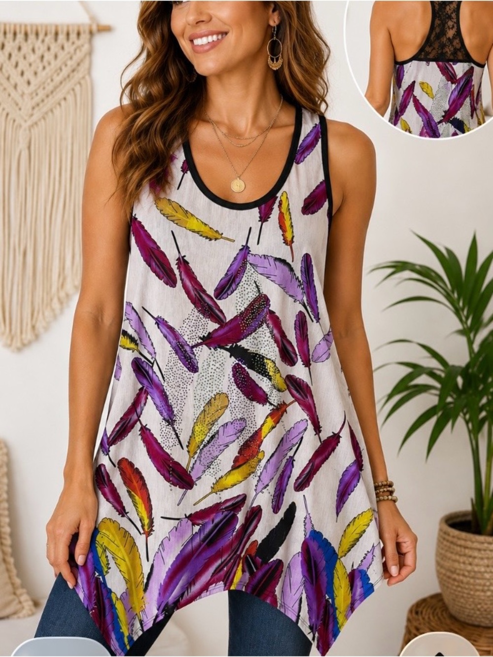 Julia Feather Print Lace Back Tank Top Silk Blend Asymmetrical Hem Boho S/M